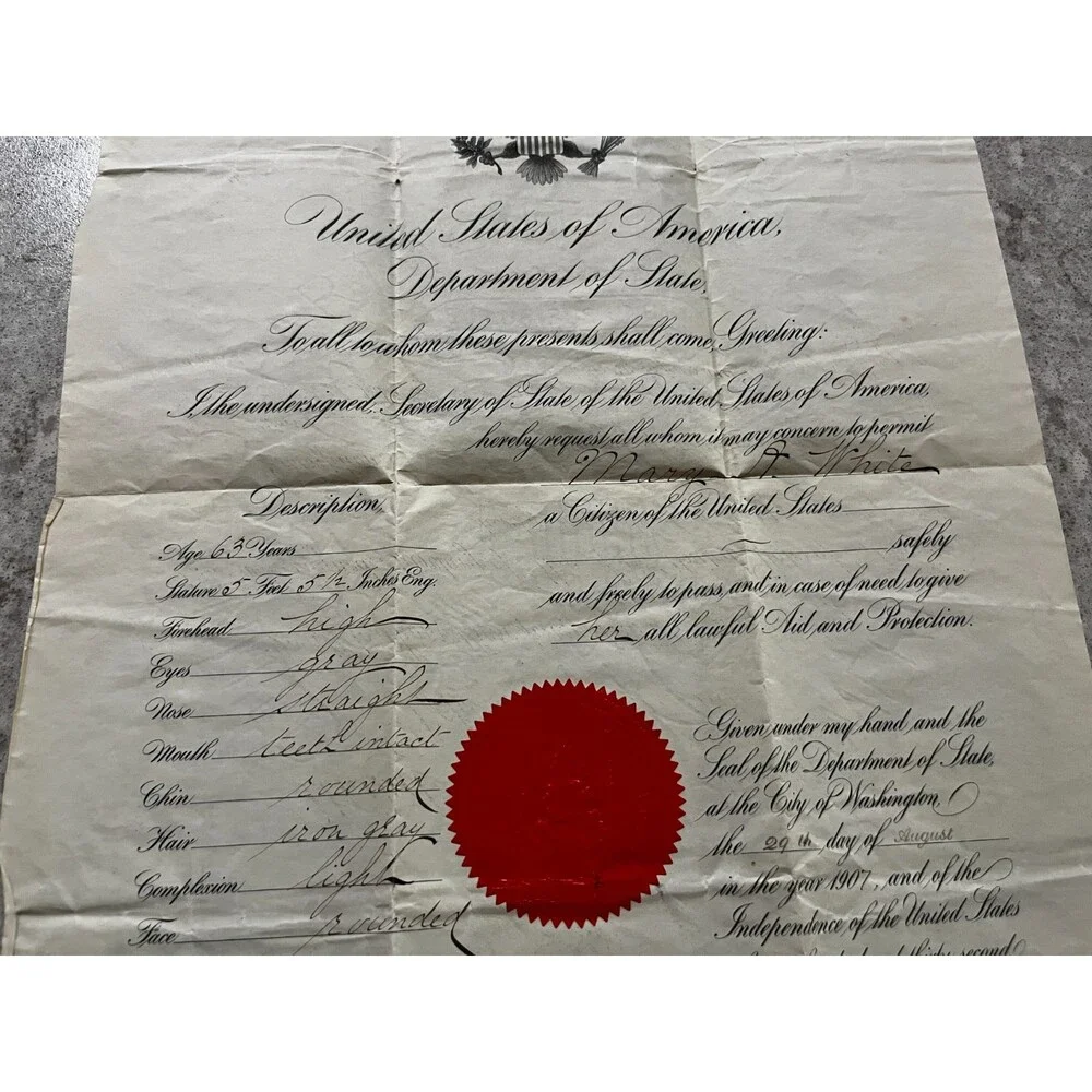 1907 US Passport certificate Department of State seal & signed by Elihu Root